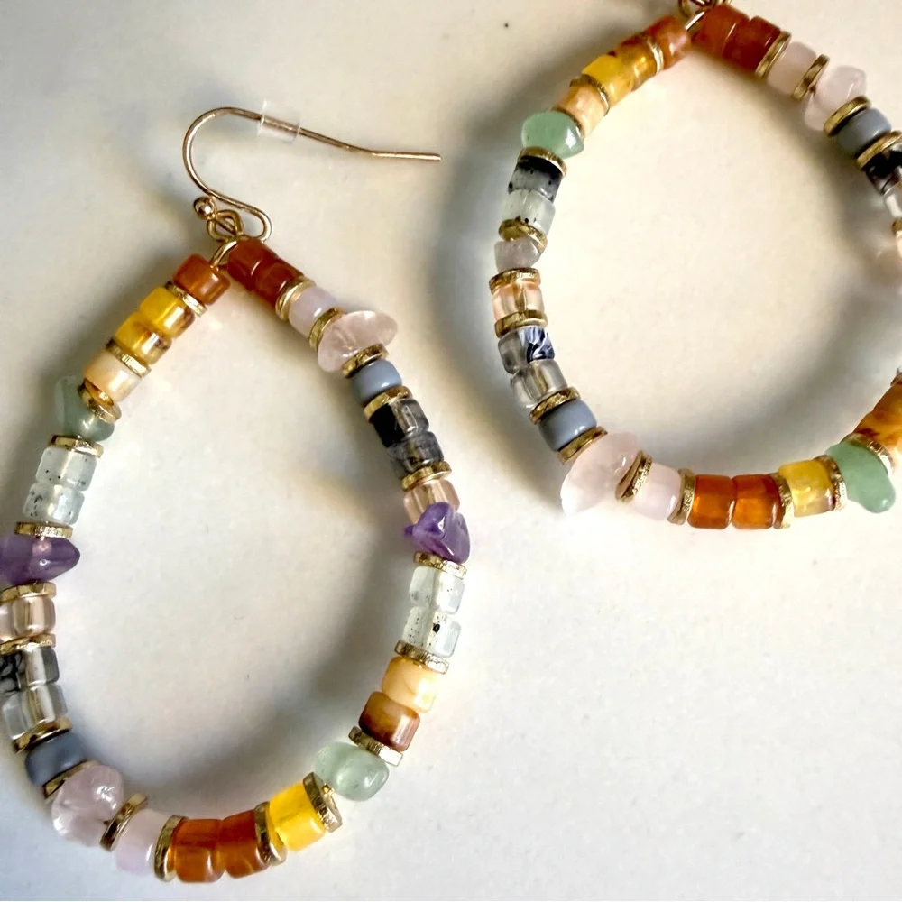Colorful Stone Bead Earrings Teardrop Boho Natural Stones Jewelry Gift NEW - Picture 4 of 6